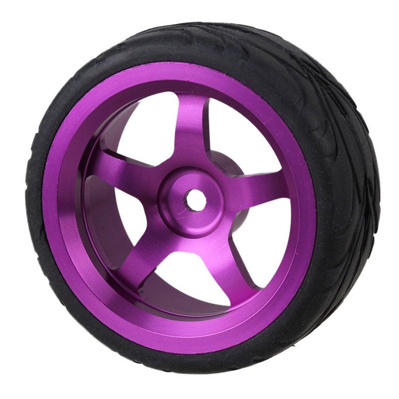 Mxfans Black Scale Pattern Rubber Tyre and Purple Alloy Wheel Rims with 5 Spoke for RC 1:10 On-Road Racing Car Pack of 4 - Image 3
